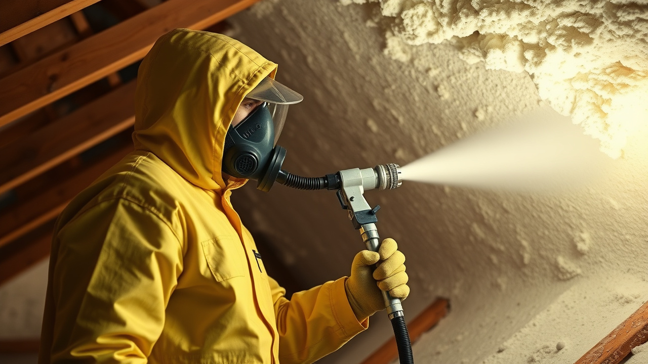 Spray foam applicator in full PPE and supplied-air respirator applying spray polyurethane foam insulation in a residential attic